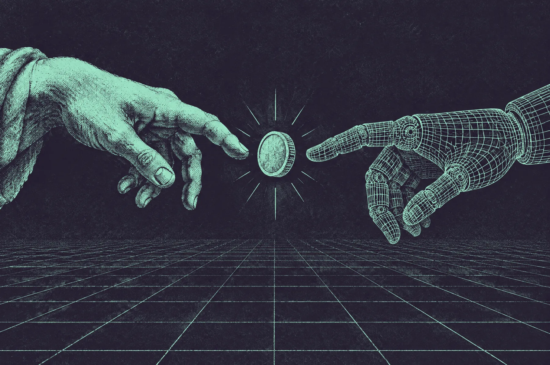 A marble hand and a wireframe robotic hand reach for a single coin floating between them.
