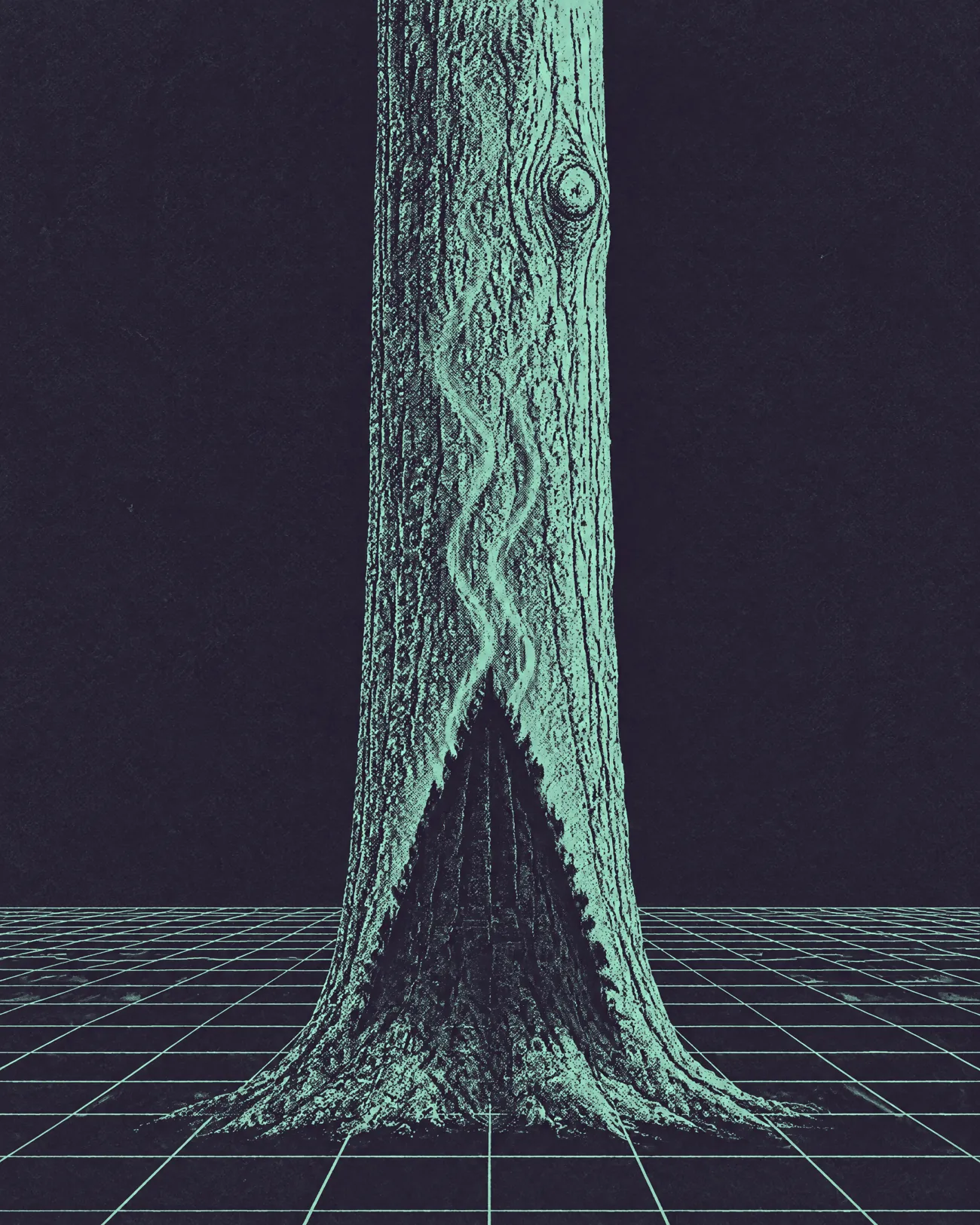A lone tree trunk with a deep triangular fire scar at its base.